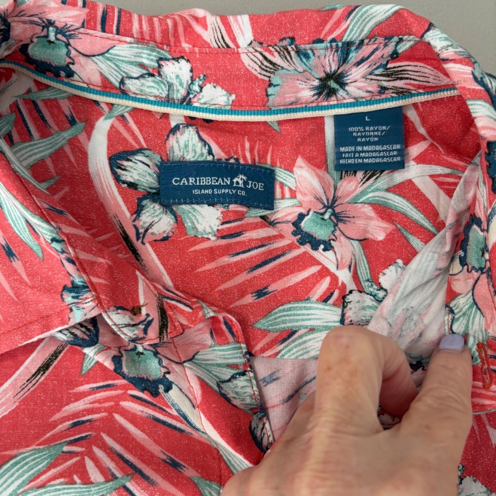 Caribbean Joe Mens Large Tropical Floral Rayon Button Down Shirt Coral Pink Blue - Picture 3 of 8